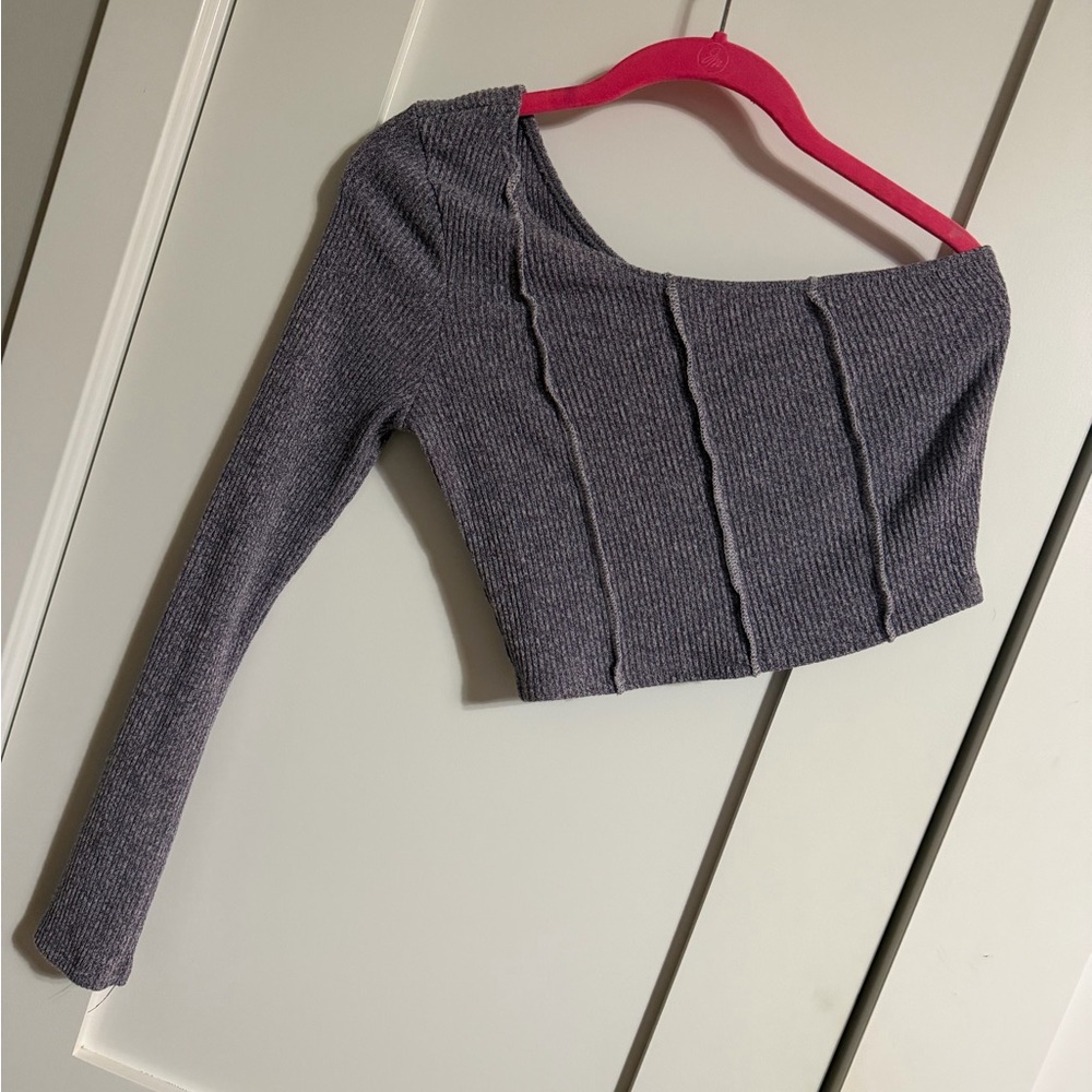 Blue Blush One-Shoulder Ribbed Crop Top - Gray